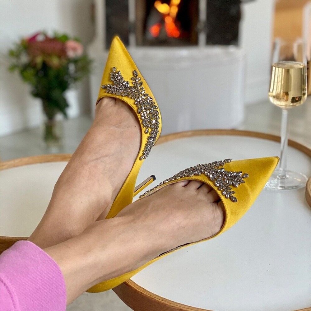 NIB Jimmy Choo Love 85 Satin Pump Crystal embellished Yellow EU35 US5 $1200